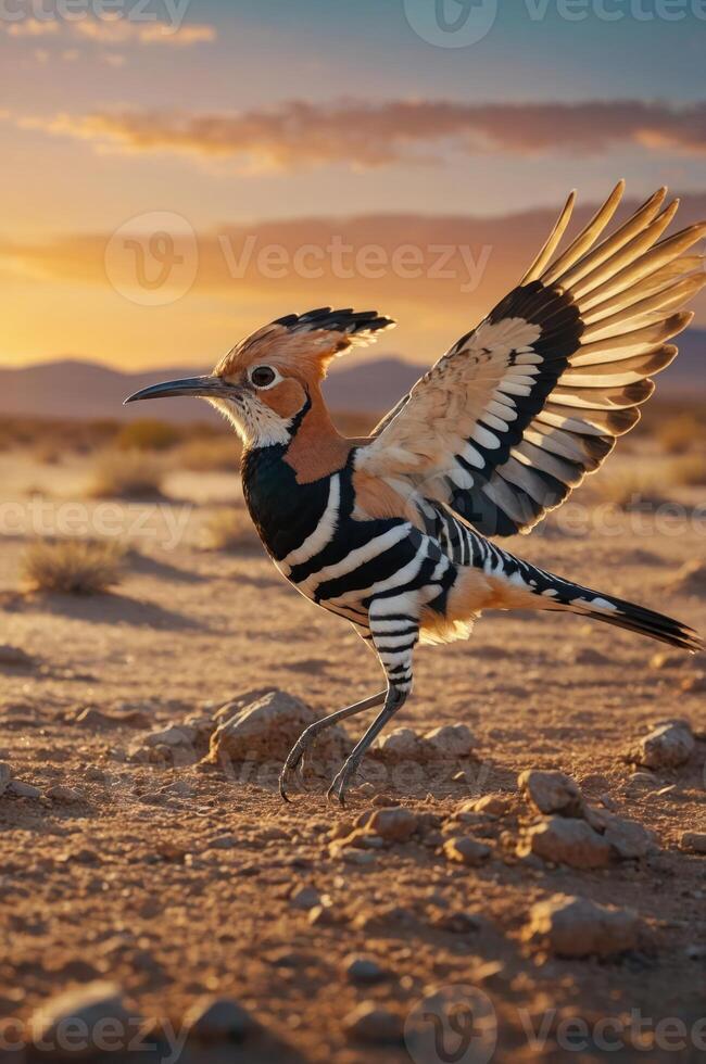 A colorful bird with a distinctive crest stands on the ground against a sunset backdrop. photo