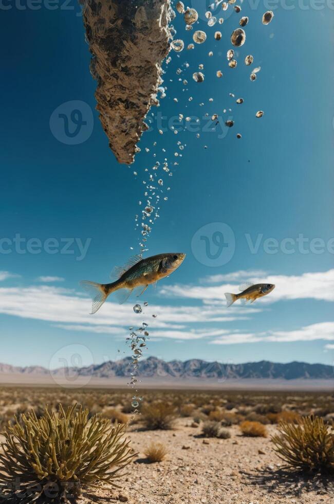 Surreal landscape featuring fish swimming in the desert, creating a dreamlike atmosphere. photo