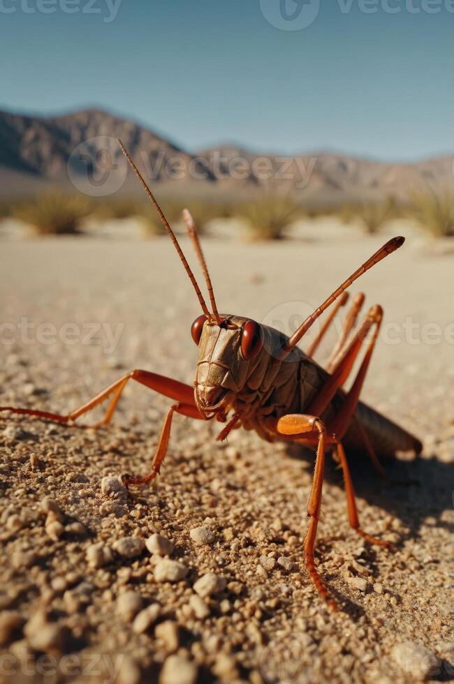 A close-up of a grasshopper on sandy terrain with mountains in the background. photo