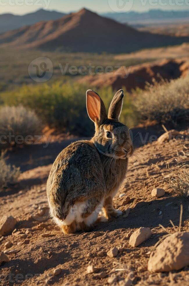 A rabbit sits on rocky terrain with a scenic landscape in the background during golden hour. photo