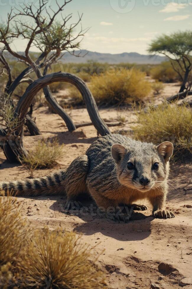 A small mammal, resembling a mongoose, explores a desert landscape with sparse vegetation. photo