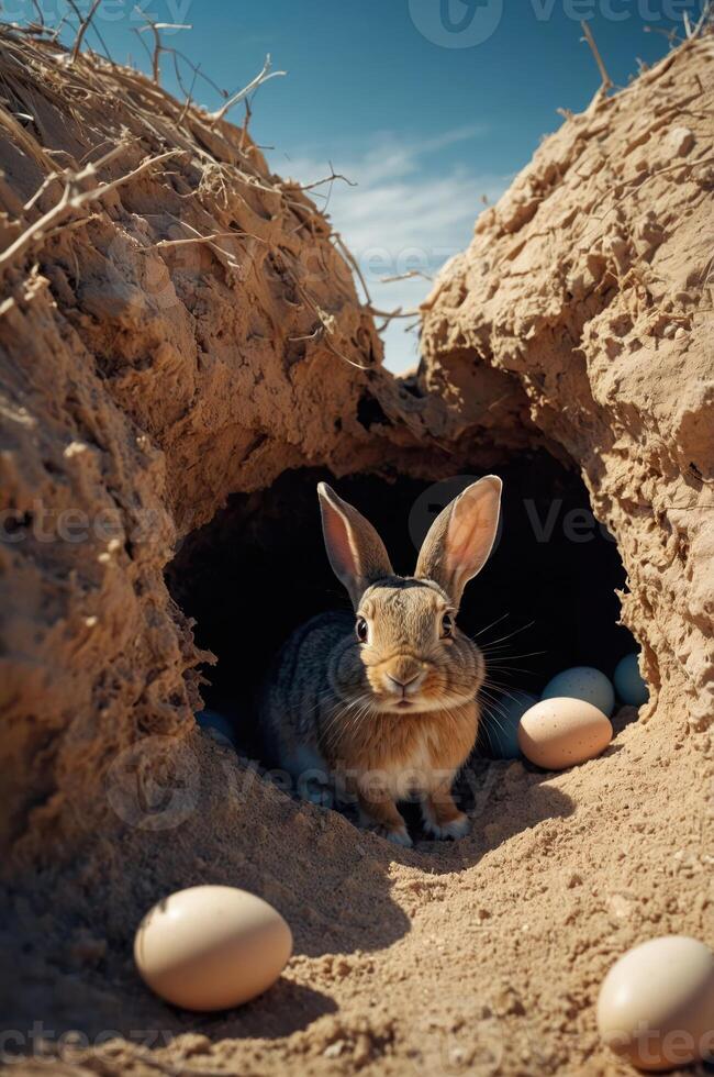 A rabbit sits in a burrow surrounded by eggs in a desert landscape. photo