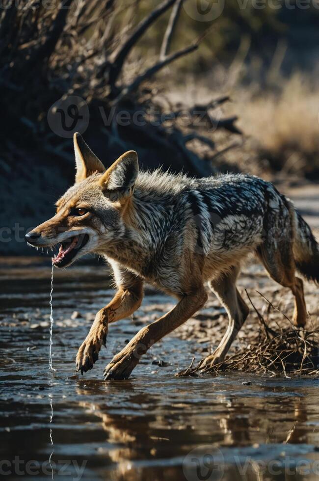 A coyote wades through shallow water, droplets falling from its mouth in a natural setting. photo