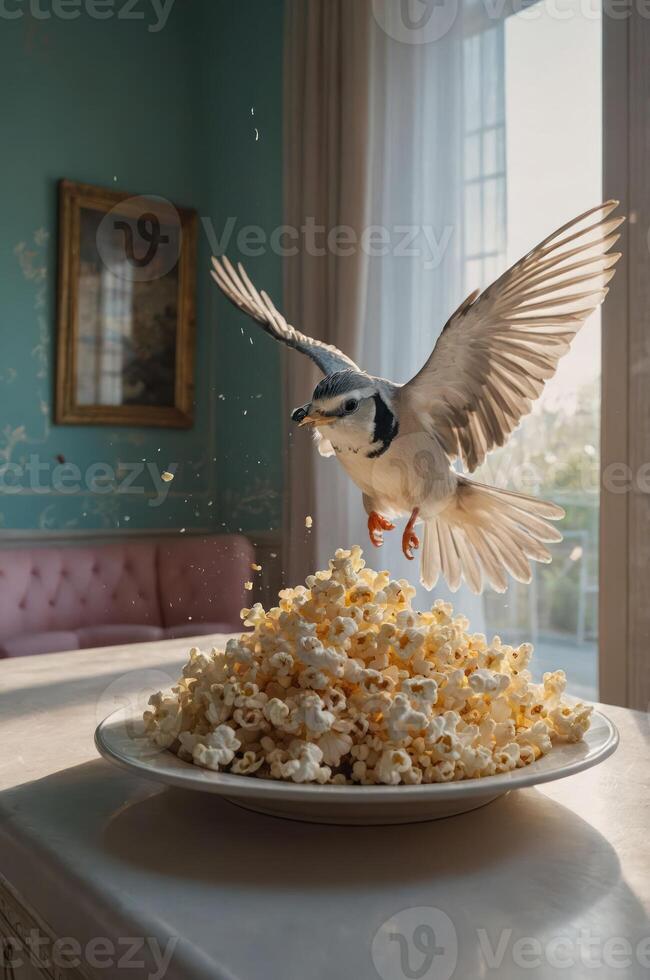 A bird gracefully flies above a plate of popcorn in a bright, elegant room. photo
