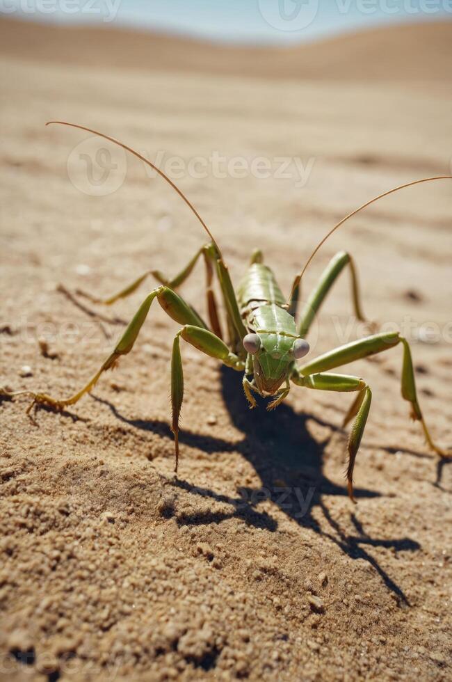 A close-up of a green grasshopper on sandy terrain under bright sunlight. photo