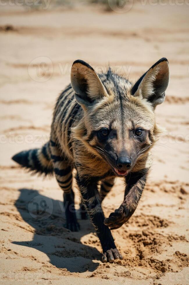 A striped hyena running across sandy terrain, showcasing its unique fur pattern and features. photo