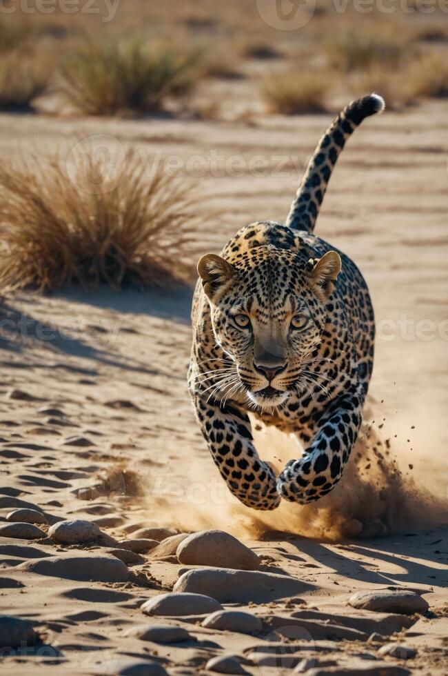 A leopard sprinting across sandy terrain, kicking up dust in a dynamic display of speed. photo