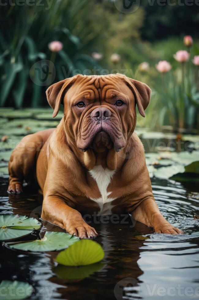 A brown dog lounging in a serene pond surrounded by lily pads and flowers. photo