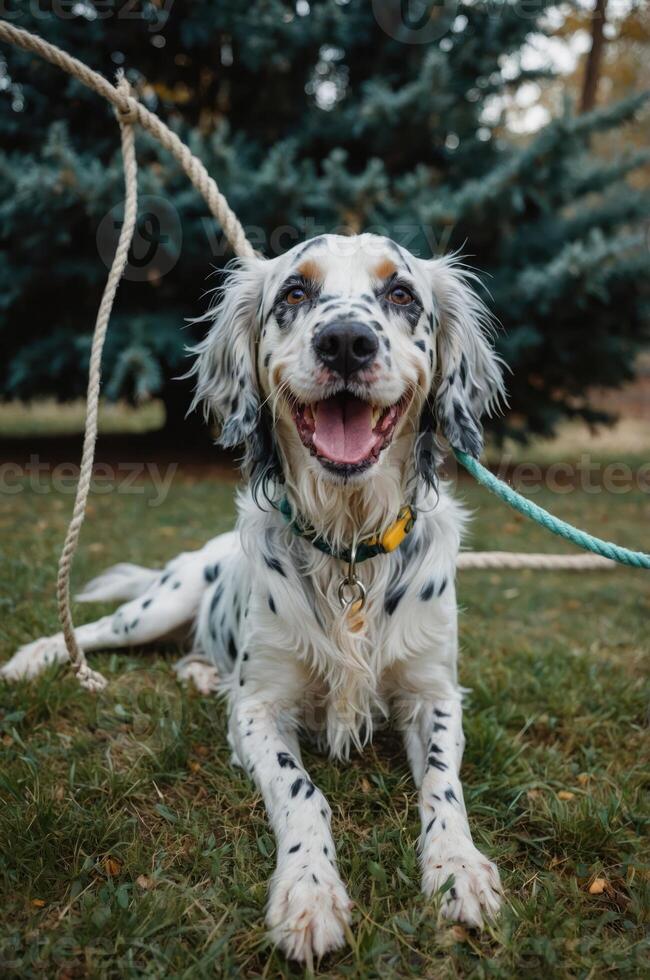 A happy dog lounging on grass with a playful expression. photo