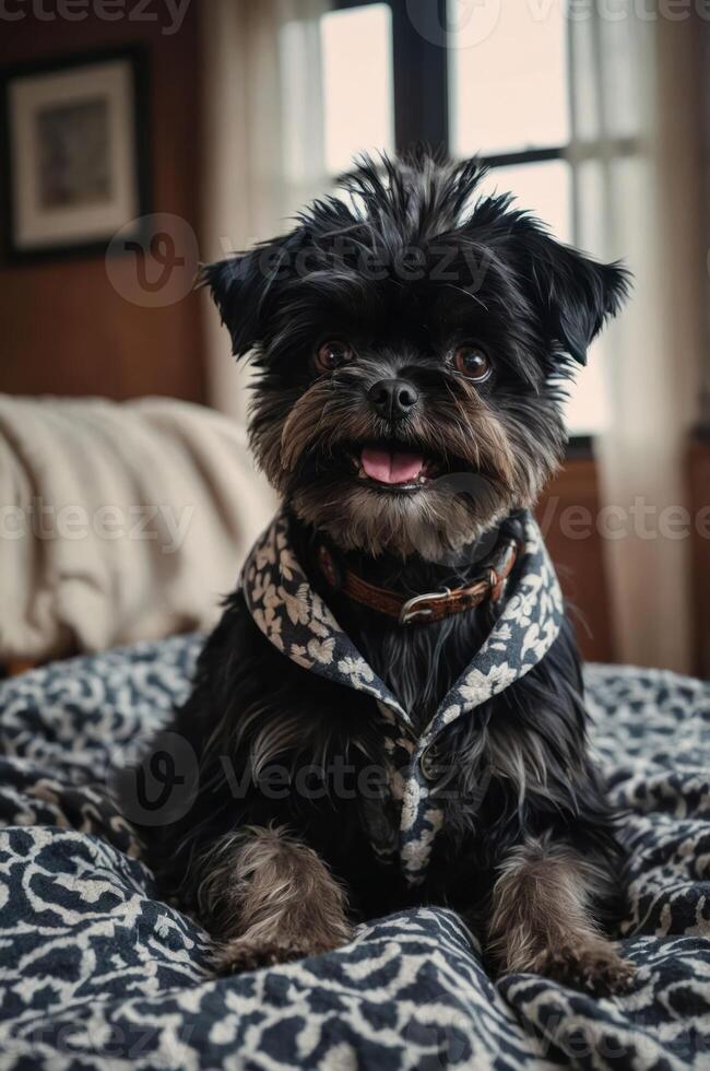 A small, fluffy dog sitting on a patterned bedspread, smiling at the camera. photo