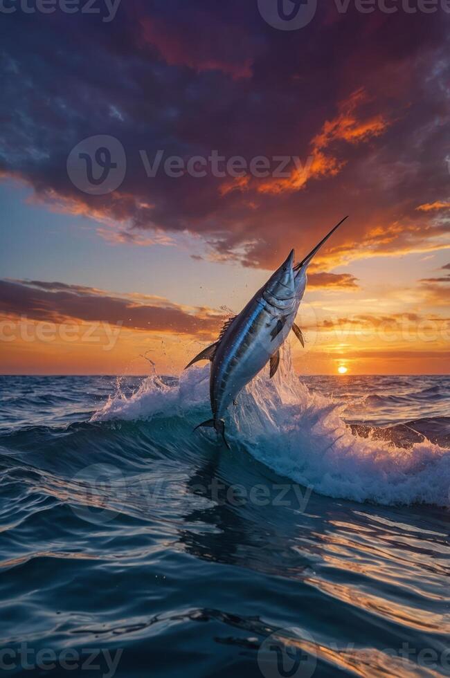 A marlin leaps from the ocean at sunset, creating a dramatic and vibrant scene. photo