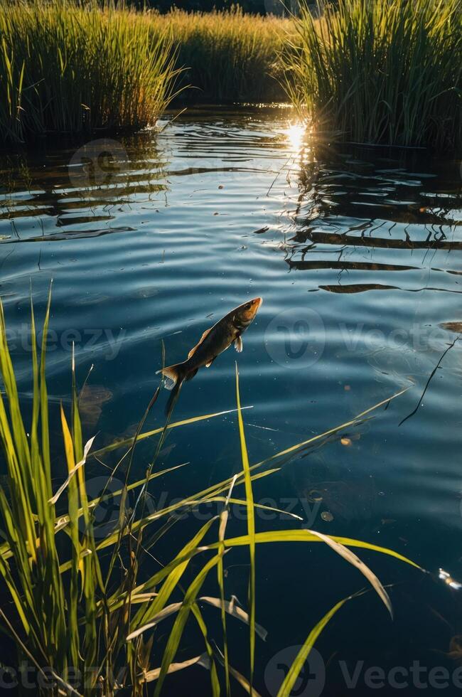 A fish leaps from a serene pond surrounded by tall grass, reflecting sunlight. photo