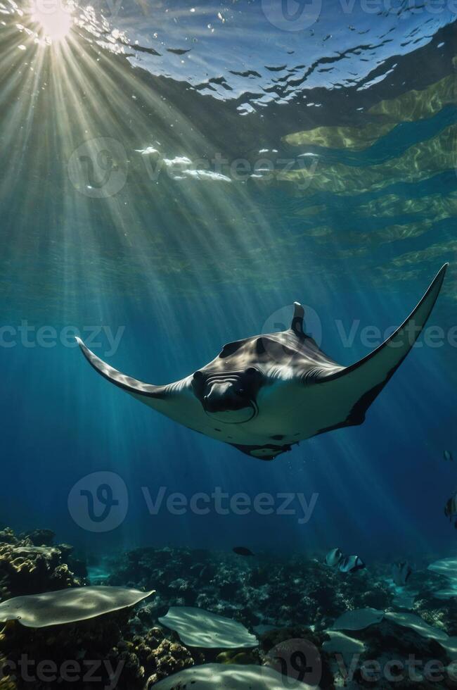 A manta ray gracefully glides through sunlit waters, showcasing marine beauty and tranquility. photo