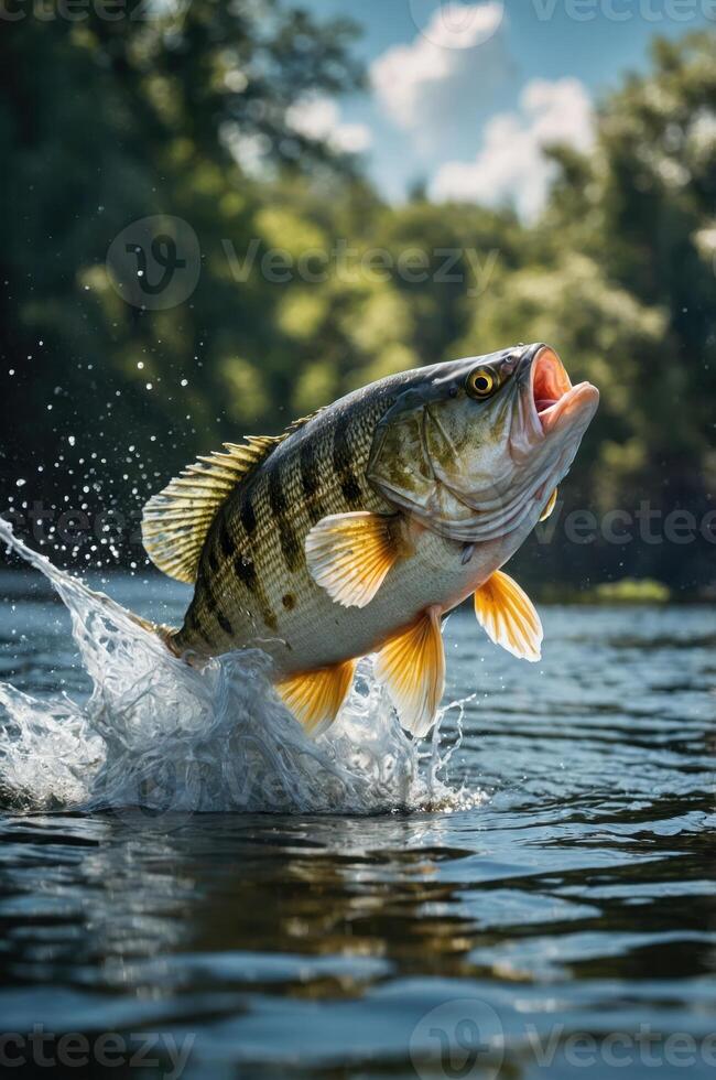 A leaping fish splashes out of the water, showcasing its vibrant colors and dynamic movement. photo