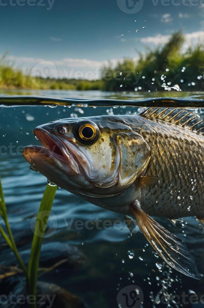 A close-up of a fish swimming in clear water with plants and a scenic background. photo
