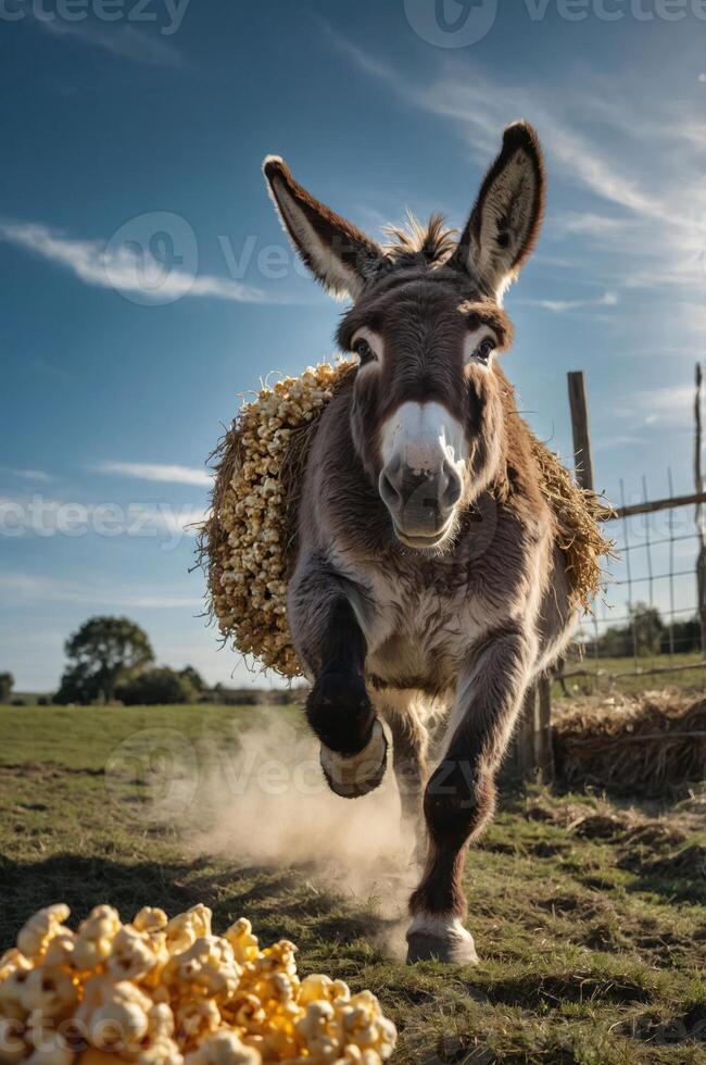 A donkey runs towards the camera with a load of corn on its back in a sunny field. photo