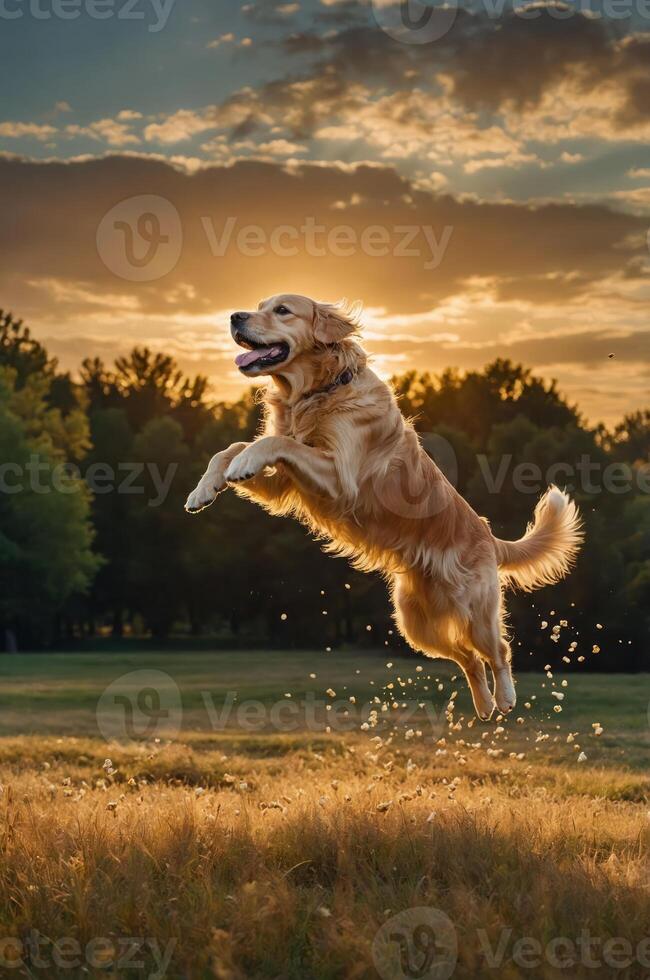 A joyful golden retriever leaps in a sunlit field during sunset. photo