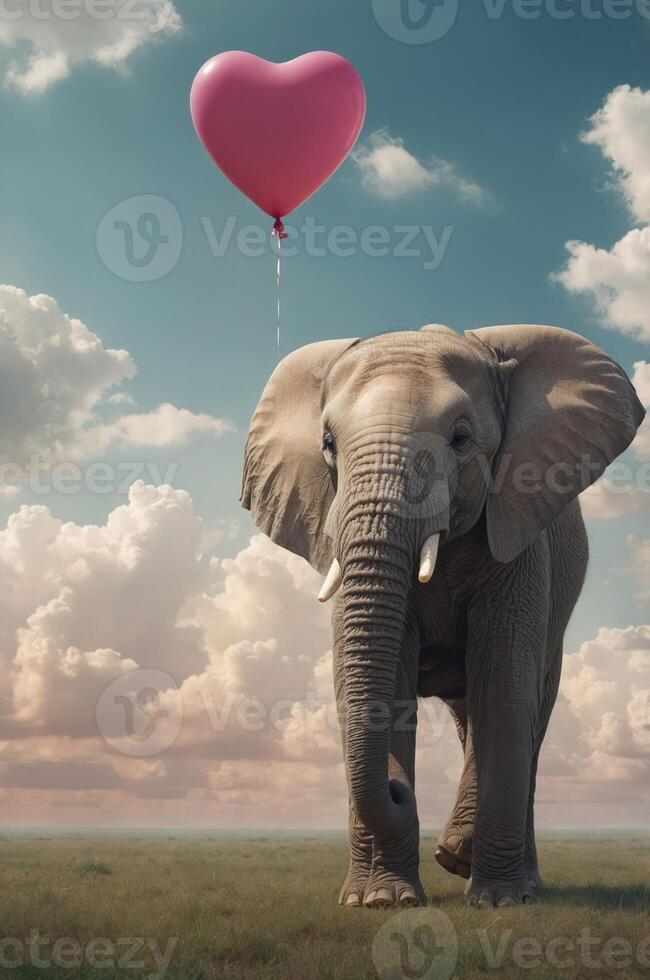 An elephant holds a pink heart balloon against a scenic sky, evoking a whimsical atmosphere. photo