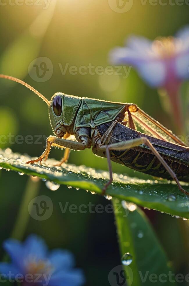 A close-up of a grasshopper perched on a leaf with morning dew and soft sunlight. photo