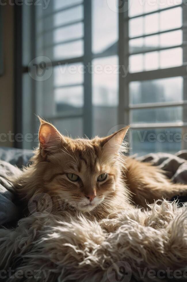 A relaxed cat lounging on a soft surface near a sunlit window. photo