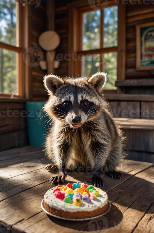 A raccoon sits at a wooden table, curiously eyeing a colorful cake in a cozy cabin setting. photo
