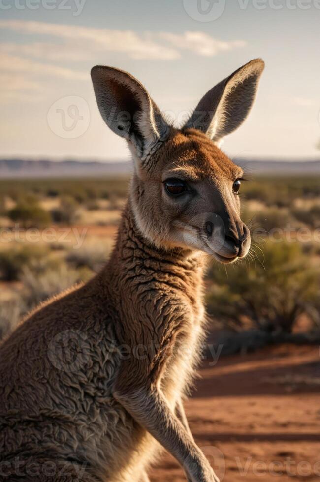 A close-up of a kangaroo in a desert landscape during sunset. photo