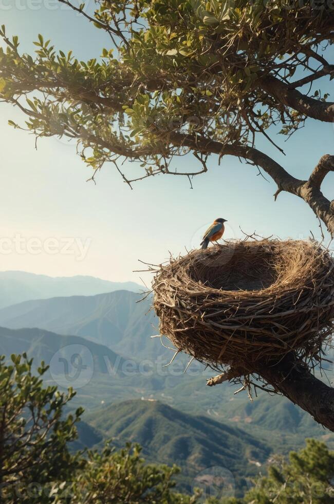 A bird perched on a nest in a tree overlooking a mountainous landscape. photo