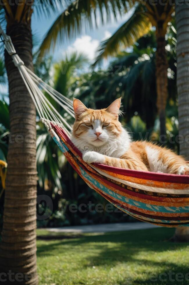 A relaxed orange cat lounging in a colorful hammock surrounded by palm trees. photo