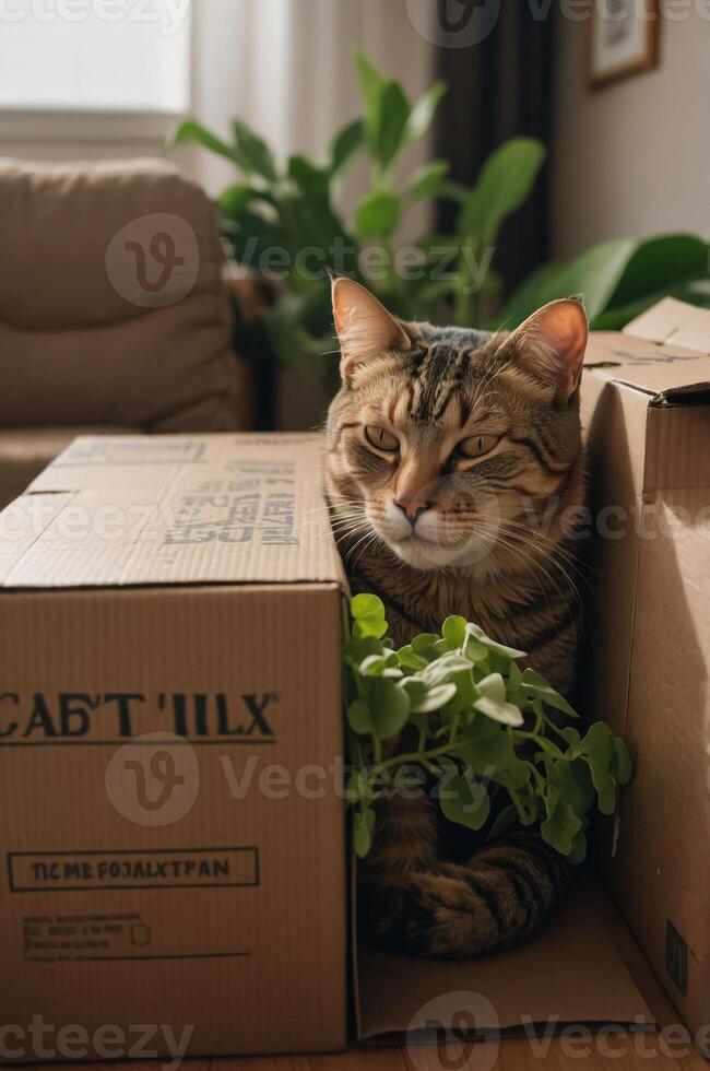 A relaxed cat nestled among cardboard boxes and a small plant in a cozy indoor setting. photo