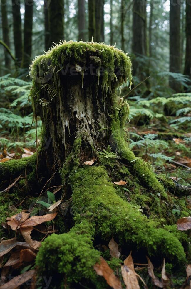 A moss-covered tree stump surrounded by lush forest foliage. photo