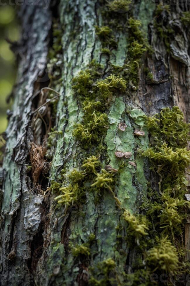Close-up of a tree trunk covered in green moss and textured bark. photo