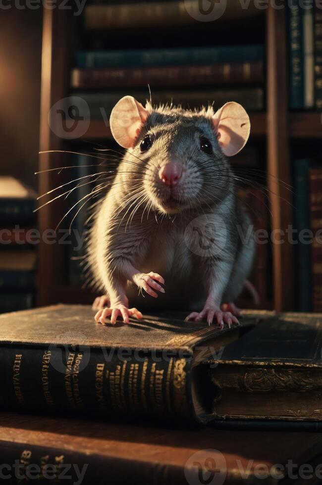 A rat perched on old books in a dimly lit library setting. photo