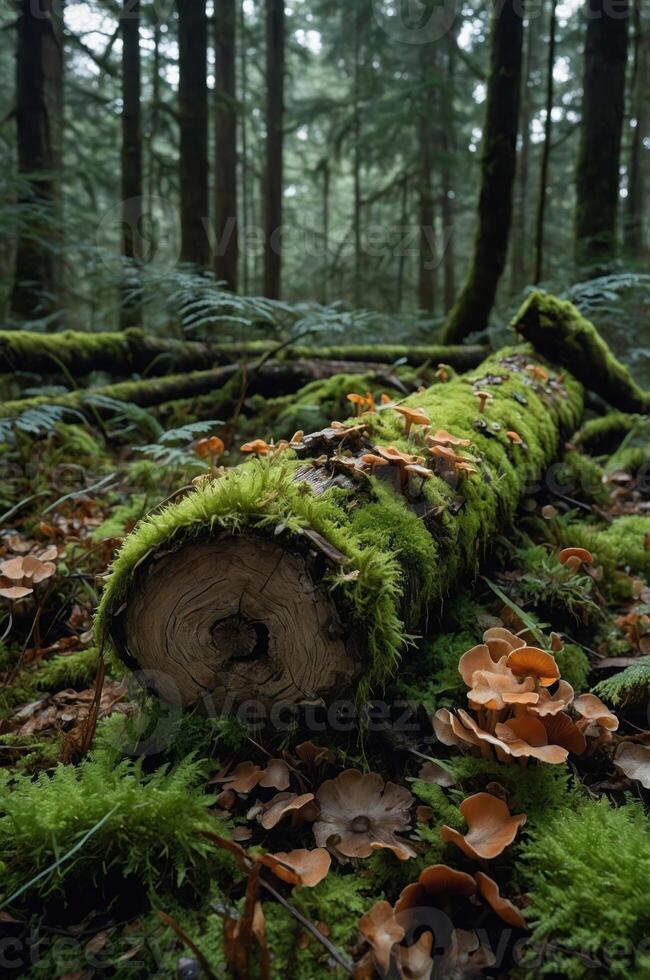 A moss-covered log in a serene forest setting, surrounded by fallen leaves and mushrooms. photo