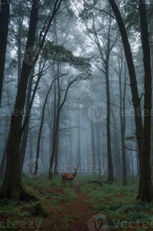 A serene forest scene shrouded in mist, featuring a deer amidst tall trees and ferns. photo