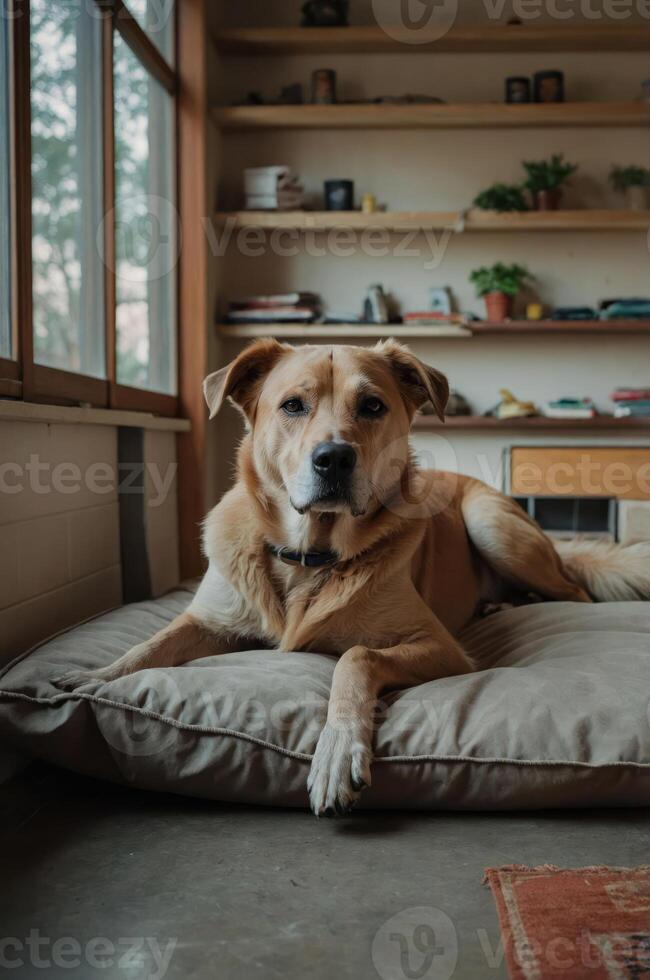 A relaxed dog lying on a cozy bed in a warmly lit room with shelves in the background. photo