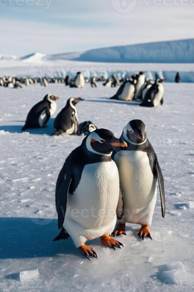 A group of penguins on icy terrain, showcasing their natural habitat in a cold environment. photo