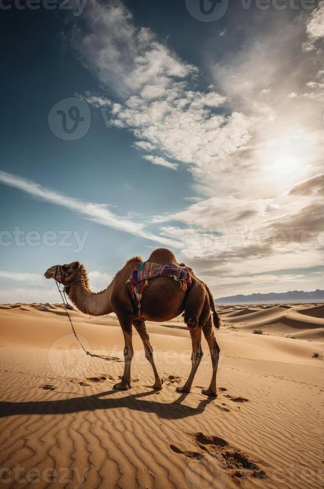 A camel stands in a desert landscape under a blue sky with scattered clouds. photo