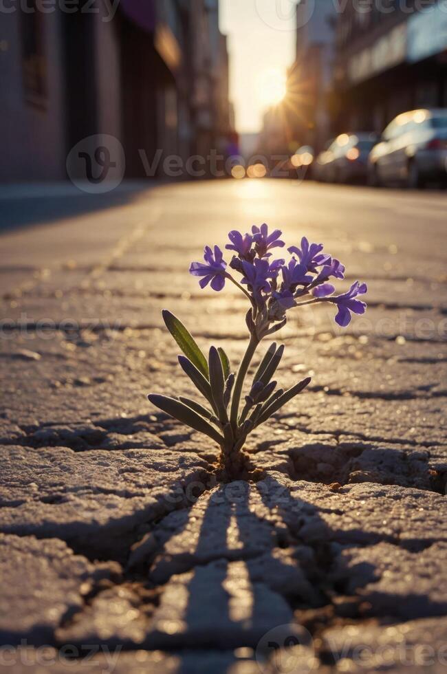 A delicate purple flower grows through a crack in the pavement, symbolizing resilience. photo