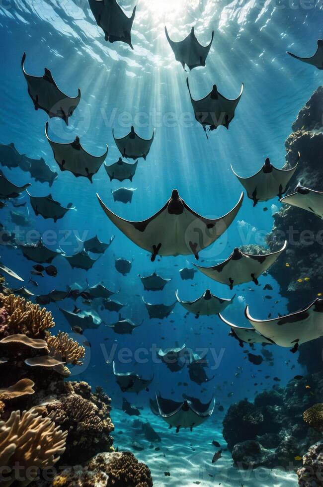 A mesmerizing underwater scene featuring a school of manta rays gliding through sunlit waters. photo