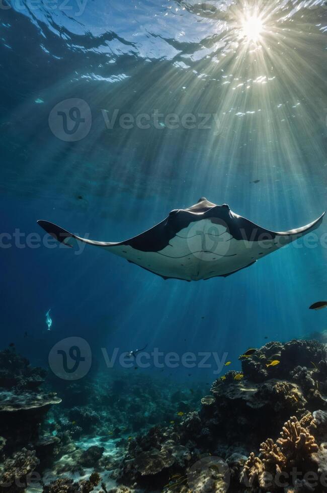 A manta ray gliding gracefully through sunlit underwater scenery. photo