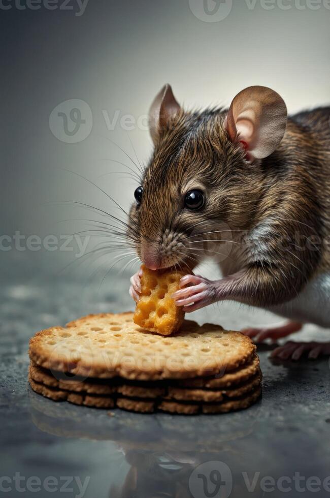 A close-up of a mouse eating a cracker with stacked crackers in the background. photo