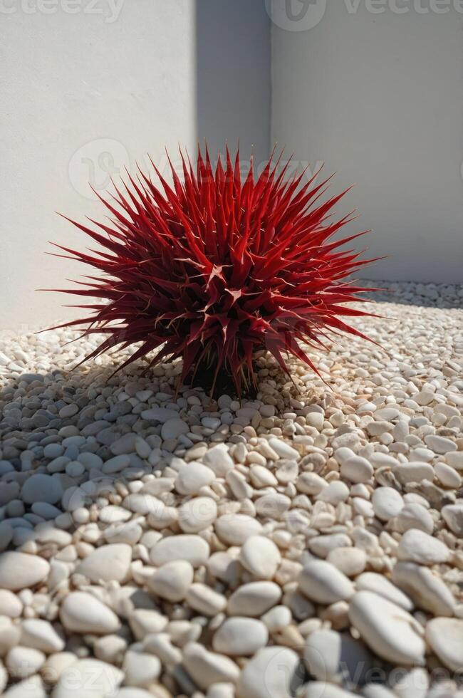 A vibrant red spiky plant surrounded by white pebbles in a minimalistic setting. photo