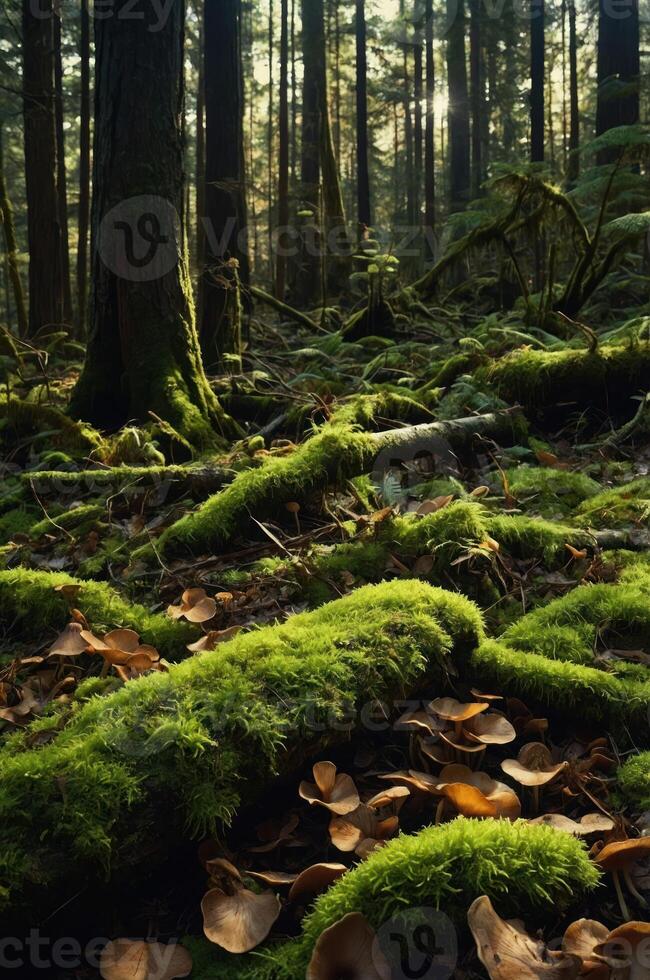 A serene forest scene with moss-covered logs and fallen leaves, showcasing nature's tranquility. photo