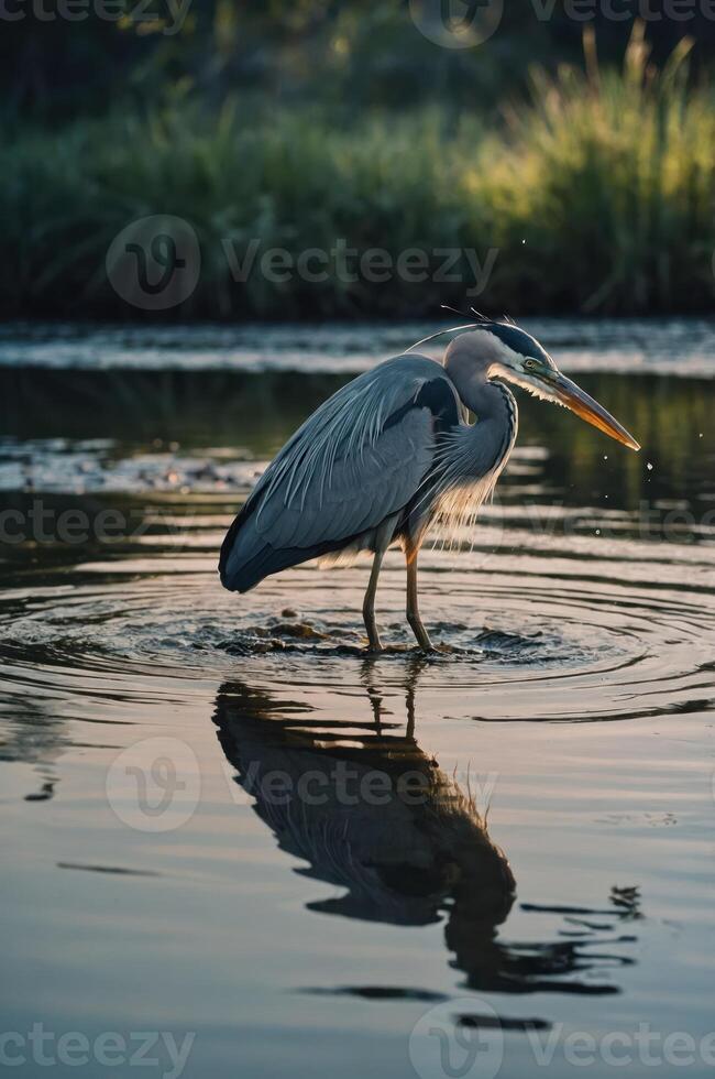 A heron wading in water, creating ripples and reflecting light during sunset. photo