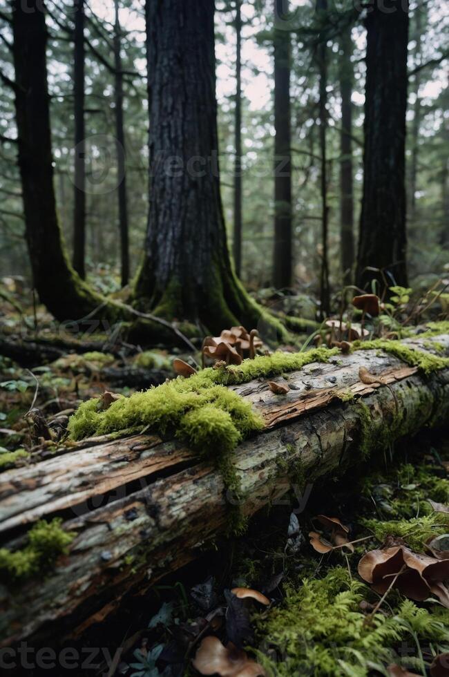 A serene forest scene featuring moss-covered logs and tall trees in a misty atmosphere. photo