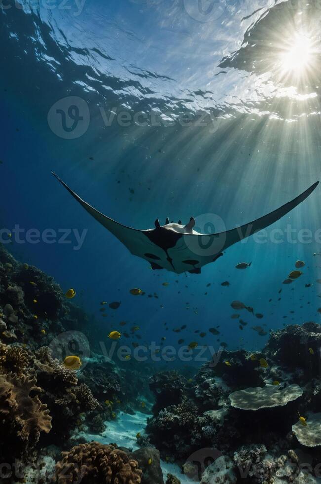 A manta ray gliding gracefully through clear blue waters, illuminated by sunlight. photo
