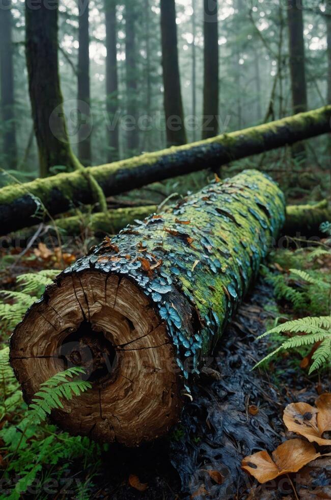 A moss-covered log in a misty forest, surrounded by ferns and trees. photo