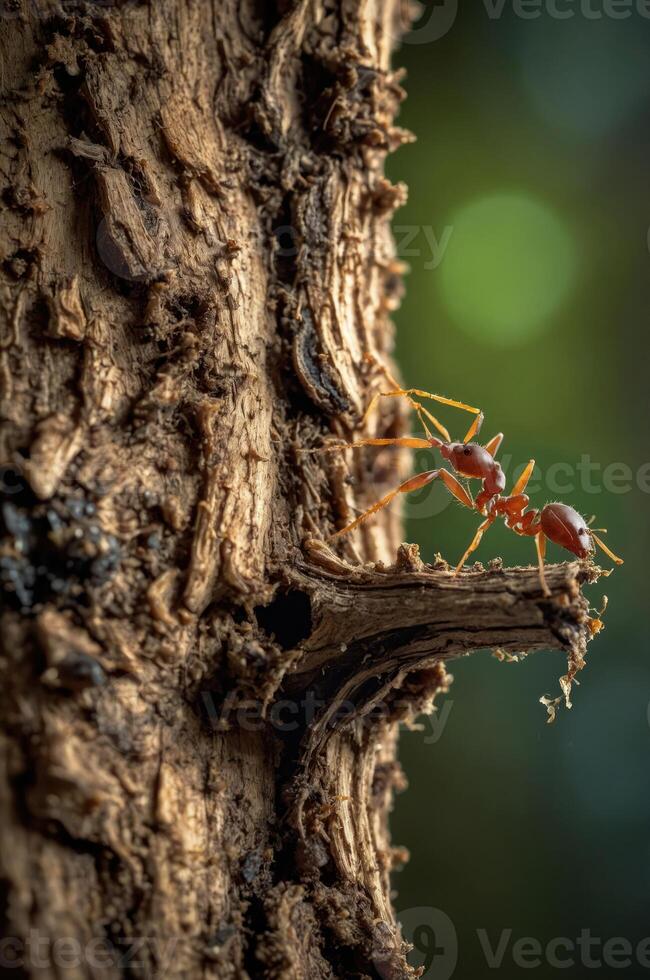 Close-up of ants climbing a textured tree bark in a natural setting. photo