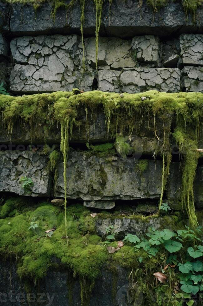 A close-up of moss-covered stone walls, showcasing nature's reclamation of man-made structures. photo