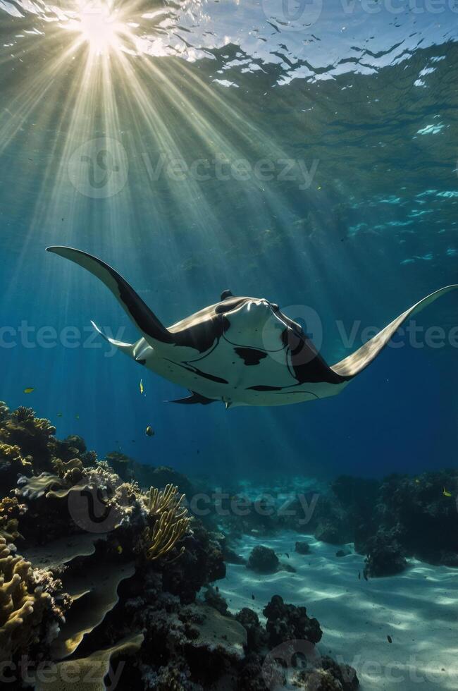 A manta ray gliding gracefully through clear ocean waters, illuminated by sun rays. photo